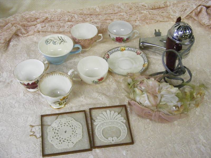 Assortment Individual China Cups and Saucers, Vintage Womens Hat, Vintage Hair Dryer, Small Wall Hangings