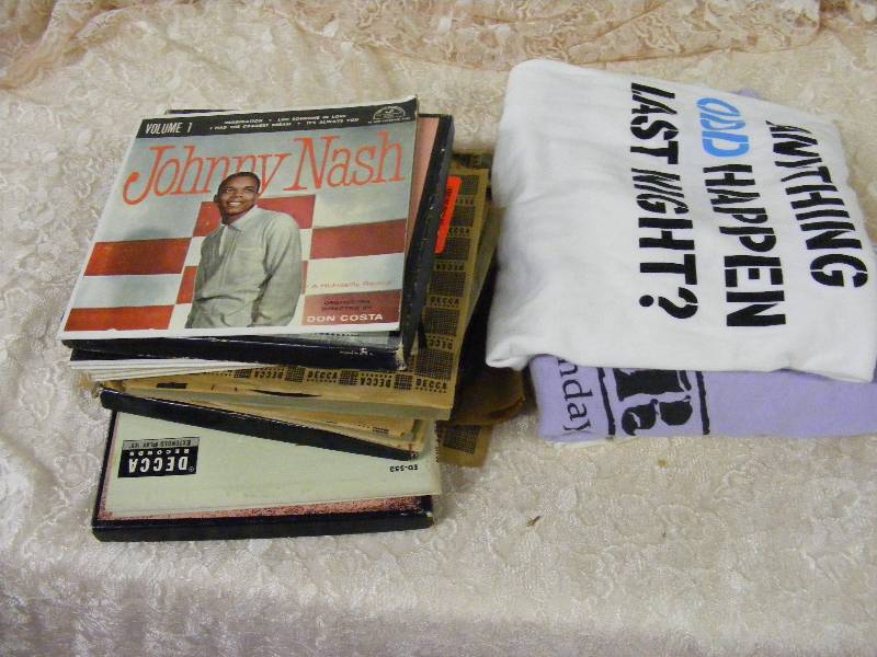 Assortment of Vinyl Records and 3 T-shirts