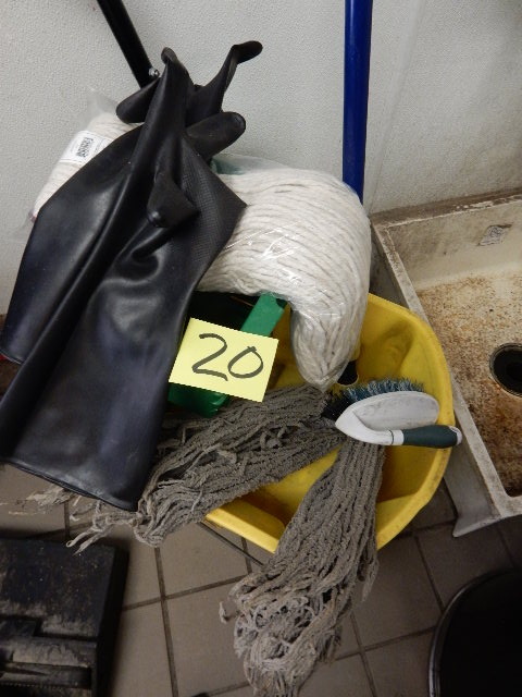 lot 20 image: Mop Bucket, Squeezer and mop head, brush, Gloves