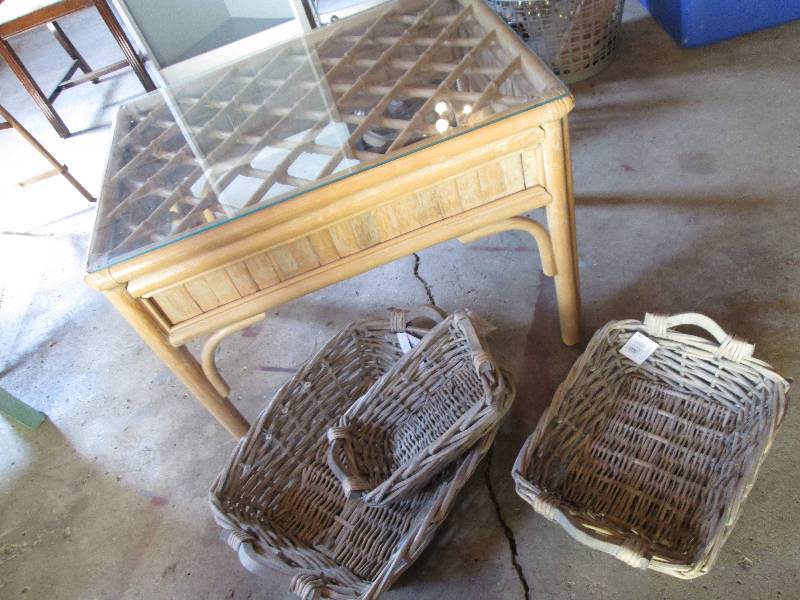 3 brand new wood baskets and a glas...
