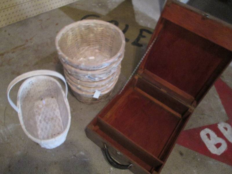 Wood box and plastic lined baskets...
