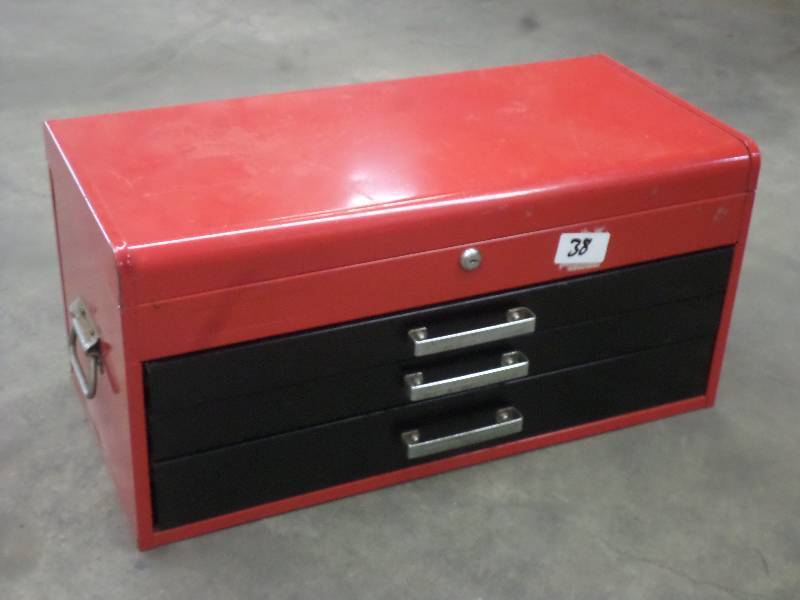 lot 38 image: 3-Drawer Steel Toolbox, No Keys--Un...
