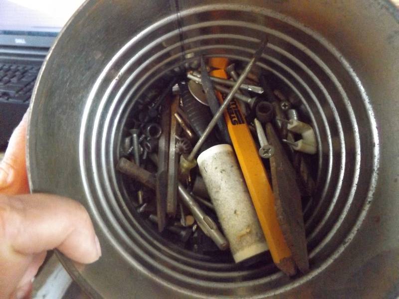 Assorted Nails, Coffee Cans, Saw Blade, White PlasticTub, misc.