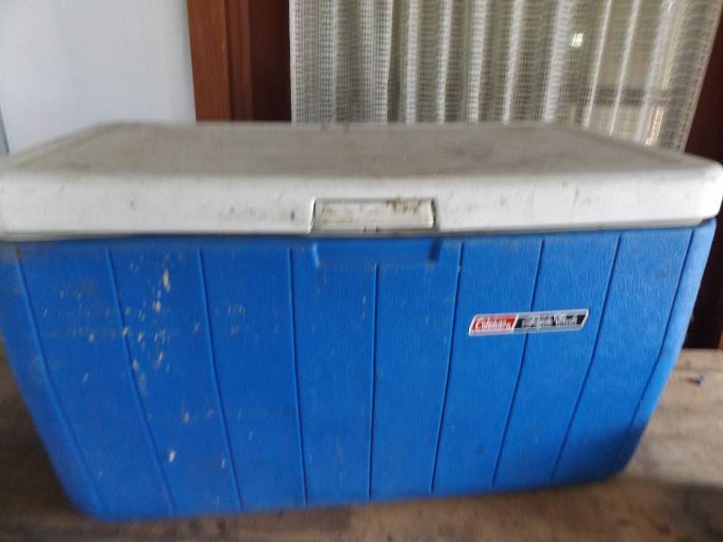 Large Blue and White Ice Chest, 2 cast iron pans, spotlight, come-a-long, cables
