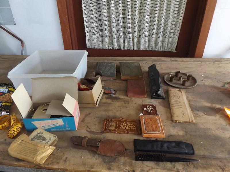 Assortment including Brass Candle Holder, Salt & Pepper, Peterbilt Belt Buckle, misc.