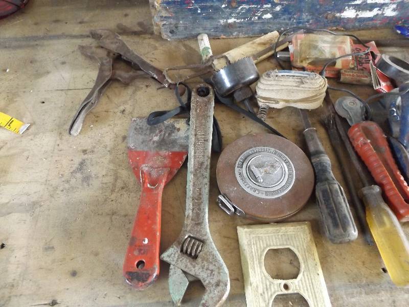 Assorted tools, wood box, Craftsman Tape Measure