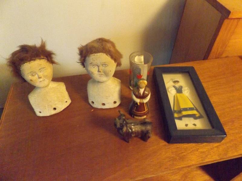 2 wooden Doll Heads, small wall hanging, Vintage female figurine and Bull, jelly jar glass
