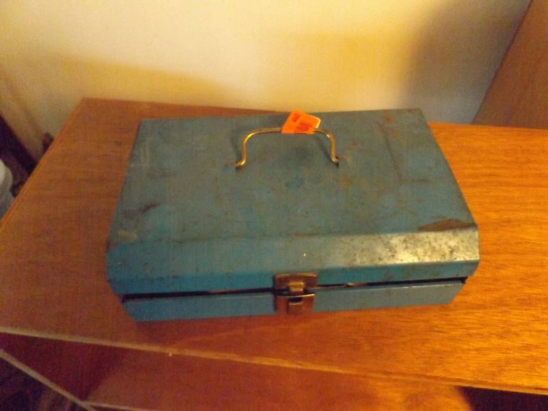 Small Metal Toolbox with propane fuel, solder, cutter, misc