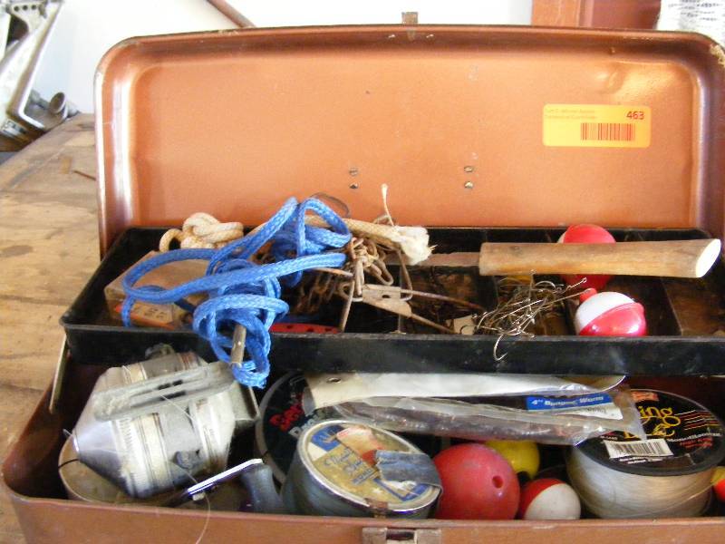 Metal Tackle Box with Reel, Hooks, Fillet Knife, Weights, Line, misc.