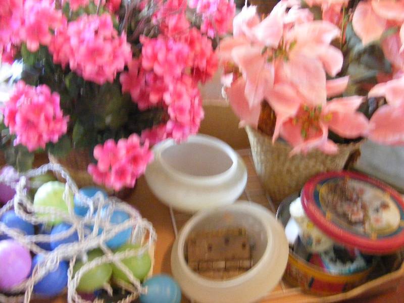 Collectible Tin with Miniatures, Wicker Baskets, Craft Flowers, String of Lights, Light Fixture Covers