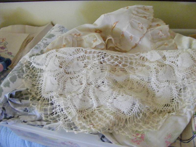 Lot of Hand Crocheted Doilies with Pieces of Material