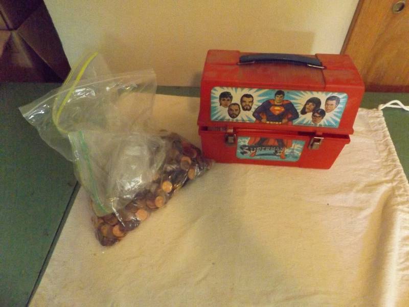 Bag of Pennies and Superman Lunch Box