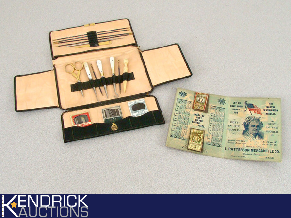 lot 2 image: Antique Leather Sewing Tools Case, and Antique Martha Washington Needles