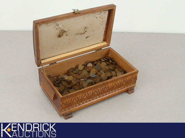lot 24 image: Thousands of Wheat Pennies in Vintage Wood Box