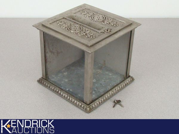 lot 28 image: Vintage National Cast Metal, Glass Sided ReceiptTicket StubBallot Box