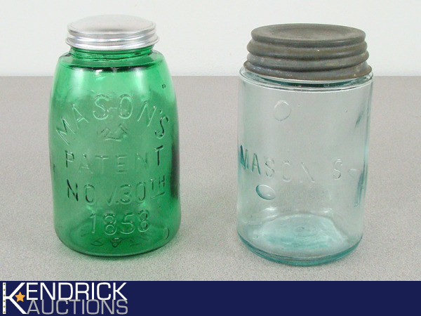 lot 52 image: 2 RARE Antique Colored Glass Mason Jars