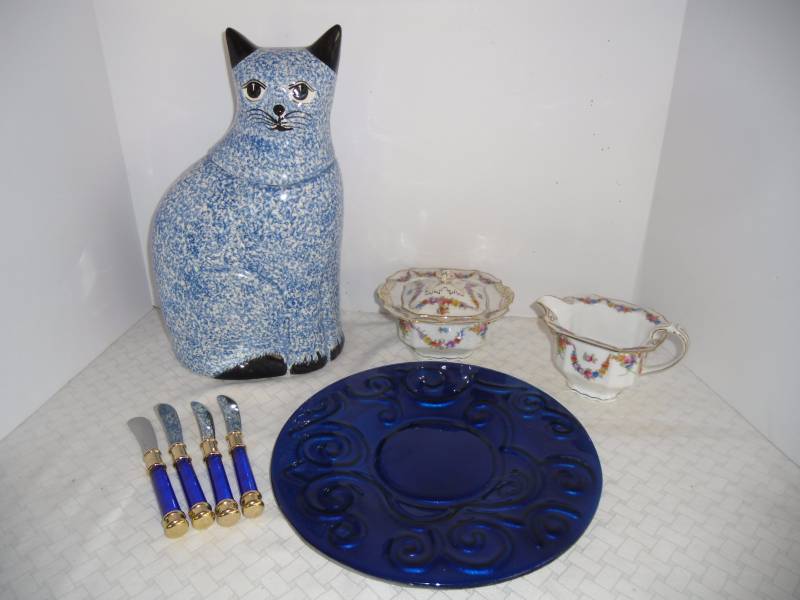 Touch of Blue Cat Cookie Jar, Plate, Knives, Epiag Czech Sugar & Creamer