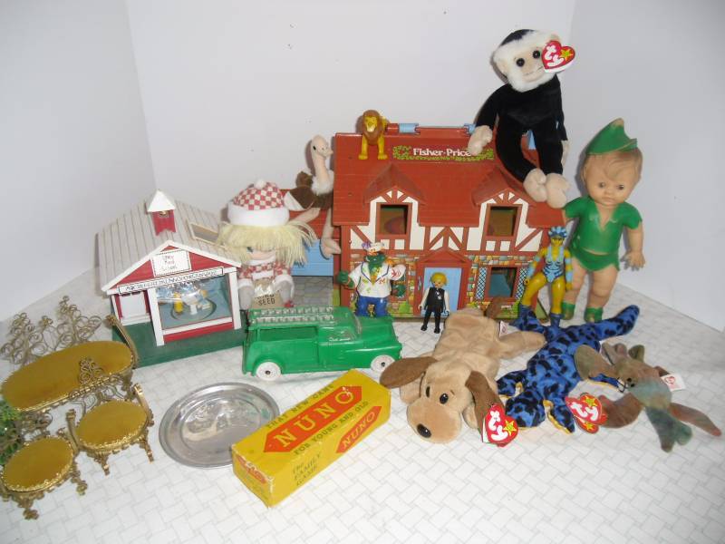 Vintage Fisher Price House, Sun Rubber Peter Pan doll, School Music Box and More