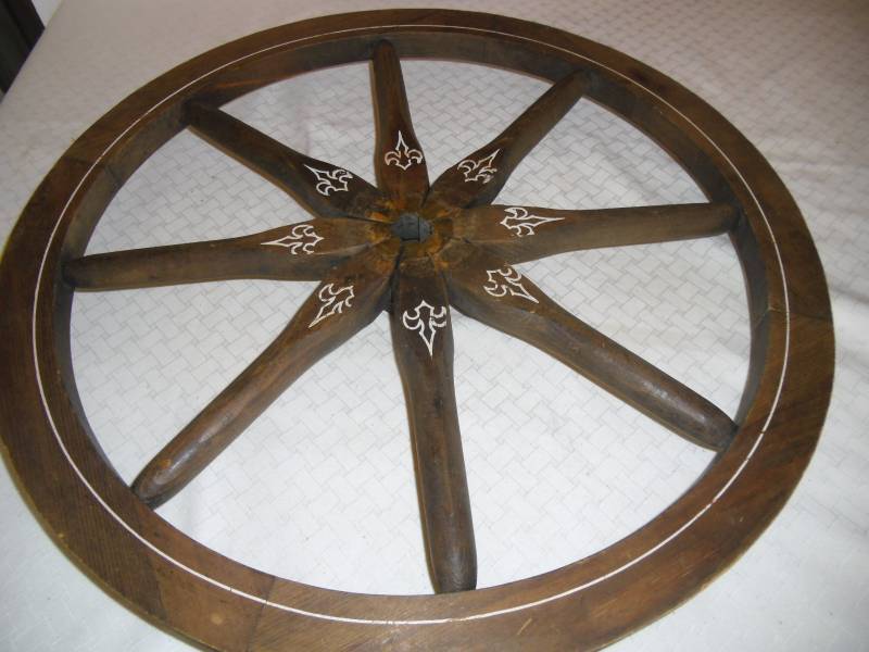 Get Creative Vintage Lot - Wood Wheels, Crock, Large clear Glass 5 gallon Bottle
