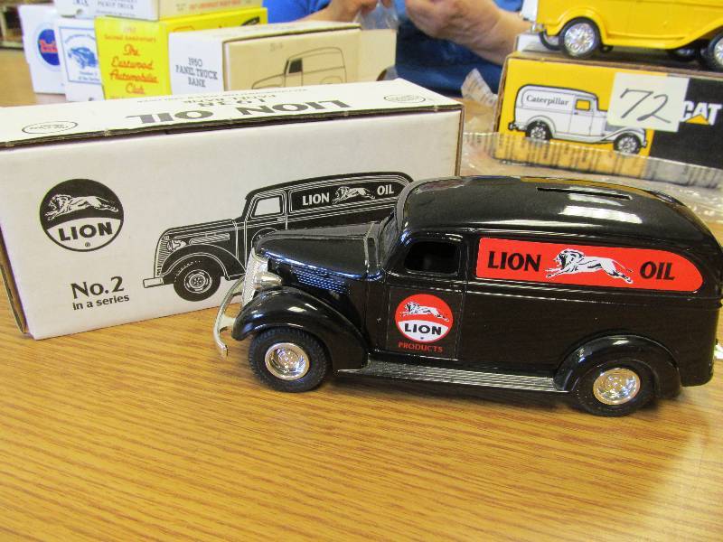 lot 7 image: 1938 Chevy Lion Oil Panel Delivery Van 124 Scale Diecast Bank