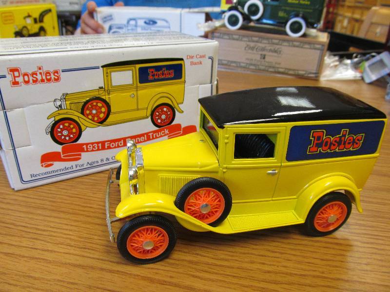 lot 12 image: 1931 Ford Posies Panel Delivery Van 125 Scale Diecast Bank