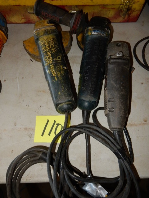 lot 110 image: Two Bosch and one Black and Decker Four and One Half Inch Angle Grinders