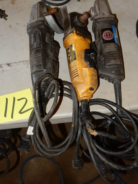 lot 112 image: One Bosch, One DEWALT, and One Black and Decker Four and One Half Inch Grinders