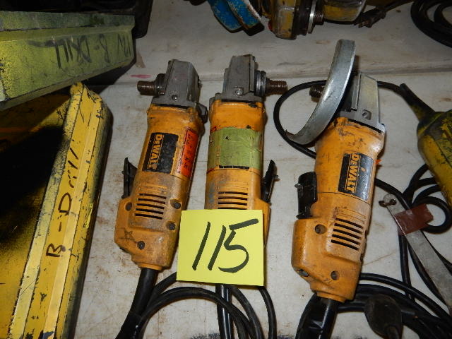 lot 115 image: Three DEWALT Four and One Half Inch Angle Grinders