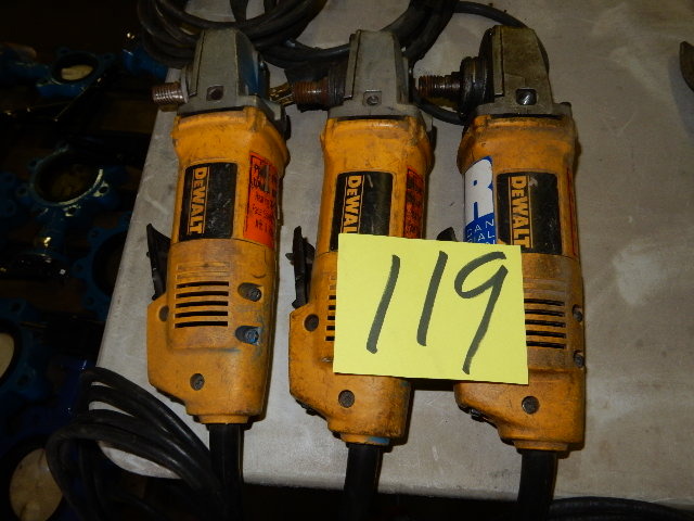 lot 119 image: Three DEWALT Four and One Half Inch Angle Grinders