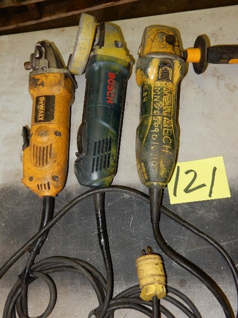 lot 121 image: Two Bosch and One DEWALT Four and One Half Inch Angle Grinders