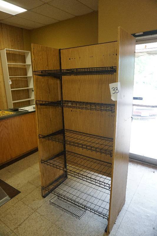 lot 33 image: Wood Framed Retail Display Shelving Unit