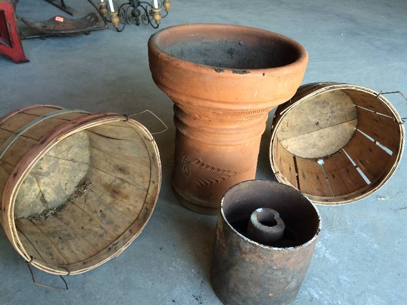 lot 272 image: Clay Planter, Apple Baskets, Vintage Flat belt pulley wheel