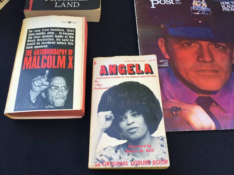 Lot of civil rights literature including Black Panther civil rights group, Malcolm X, Martin Luther King.