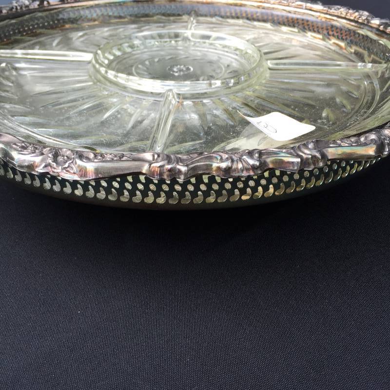 Vintage Large Silver plated lazy Susan with glass liner.