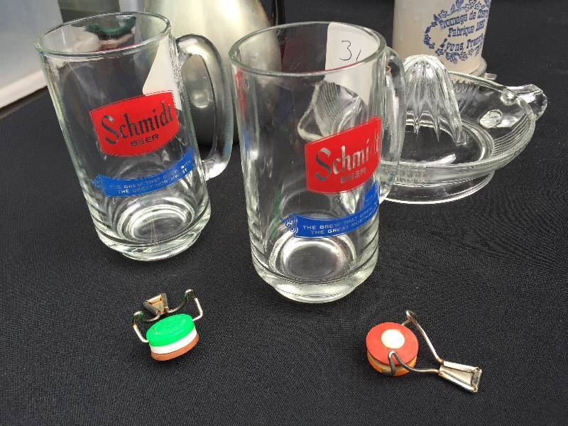 Lot of 8 Collectible items Schmidt Beer Mugs, Puralum Pitcher, Vintage Bottle Caps, Burger Press (West Germany) Cheese Crock & Juicer whandle.
