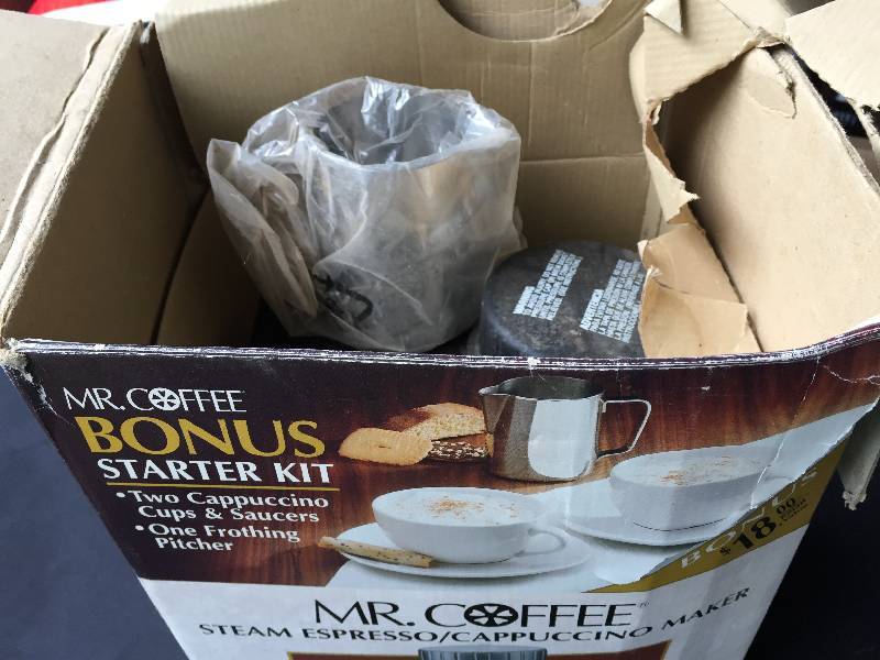 NIB Mr. Coffee Cappucino Maker.  Comes with metal pitcher for foaming milk.  Some damage to the box and its a lil dirty