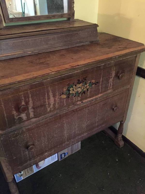 Antique two drawer chest with mirror.