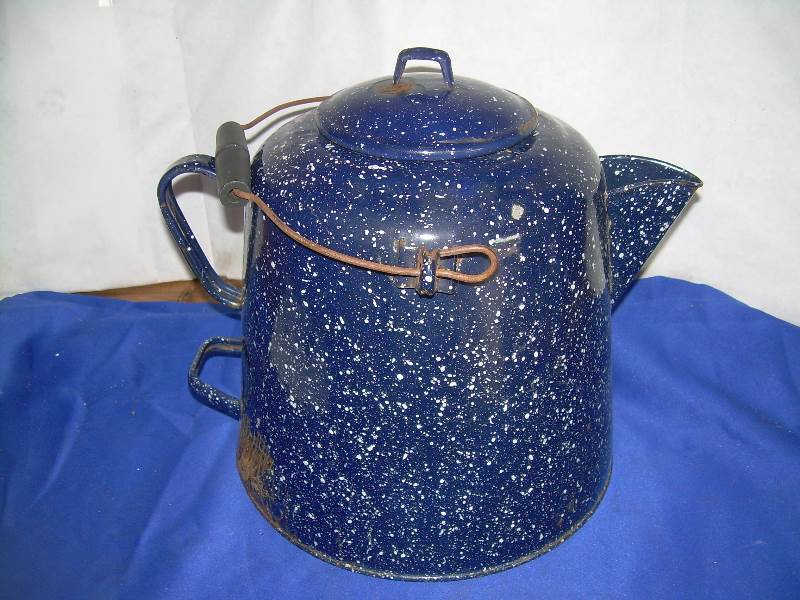 antique blue enamal coffee pot