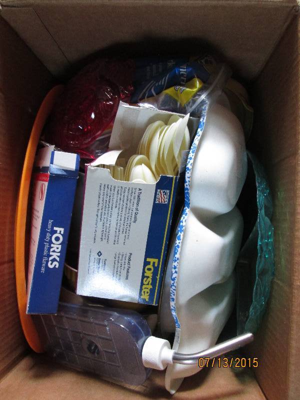 Box of plastic utensils and trays f...