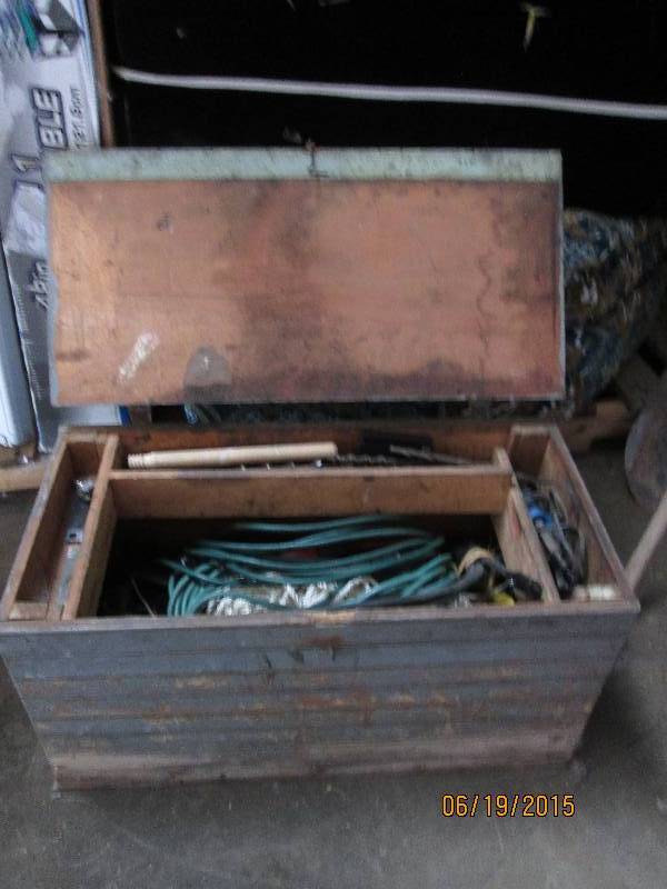 Crate of tools. Bits, cords, pipe w...