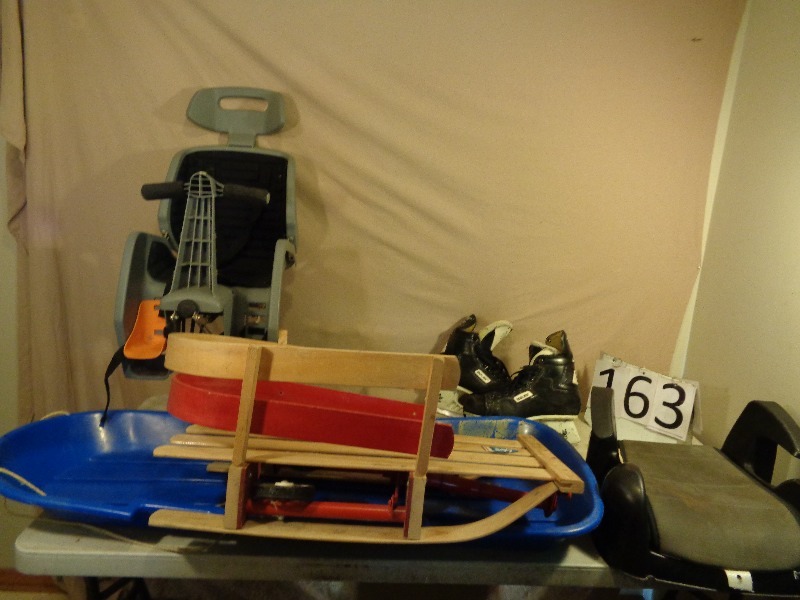 lot 163 image: Hockey Skates, Kid Bike Carrier, and More.
