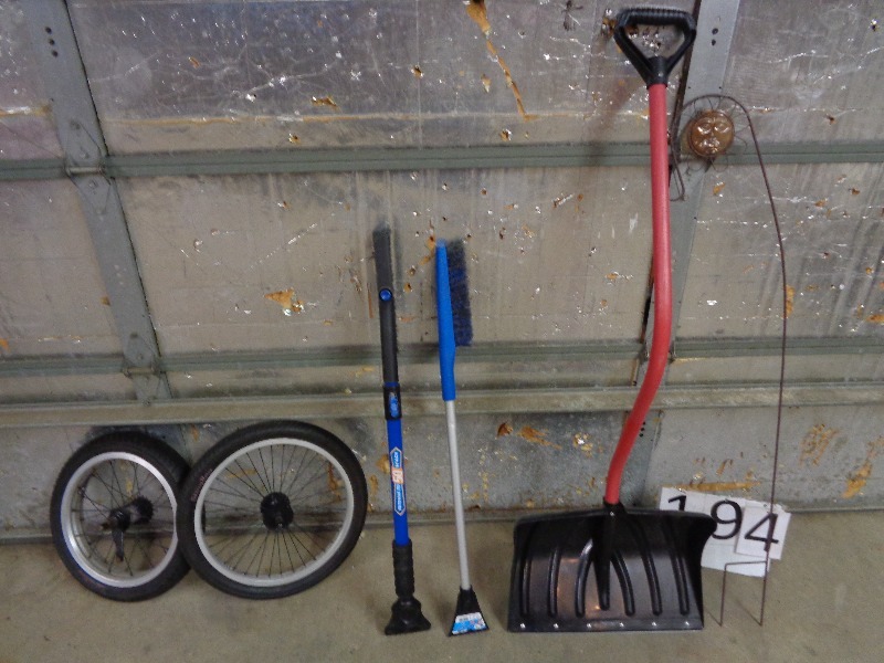 lot 194 image: Ice Scrapers, Snow Shovel, Bike Wheels