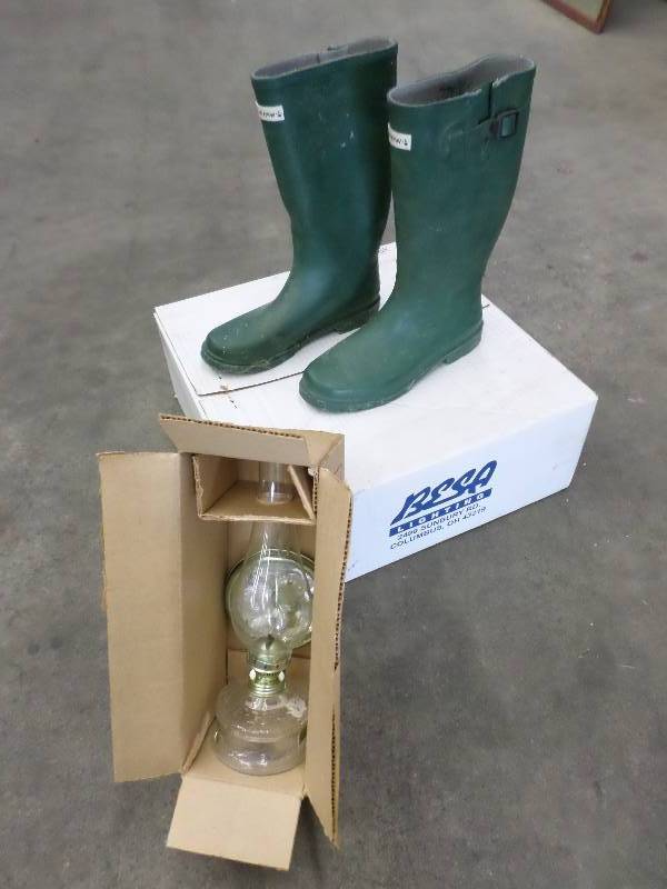 lot 52 image: Lot Of Rubber Boots, Oil Lamp, Cei...