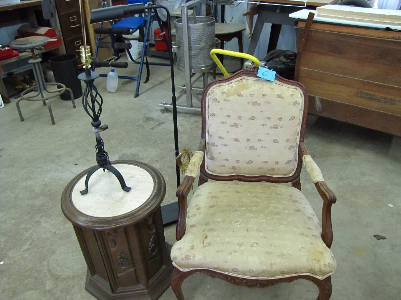 queen anne chair, end table and two lamps