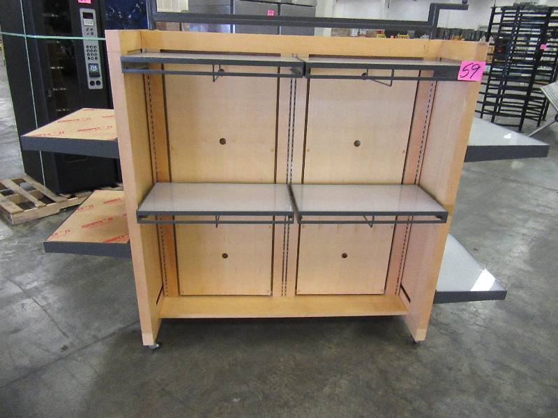 PERMASTEELISA, Commercial Display Shelf. Very light MapleBirch Veneer Surface.. Has 8 Adjustable Shelves that are metal and Plexiglass.. All different Configurations.. On Wheels.