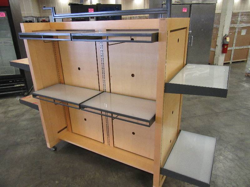 PERMASTEELISA, Commercial Display Shelf. Very light MapleBirch Veneer Surface.. Has 8 Adjustable Shelves that are metal and Plexiglass.. All different Configurations.. On Wheels.