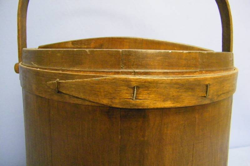 lot 13 image: Antique, Early American Banded, Primitive, Firkin Wood Sugar Bucket with Handle and Divider