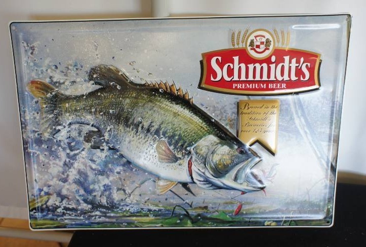 lot 42 image: Schmidt Beer Large Mouth Bass Tin Sign