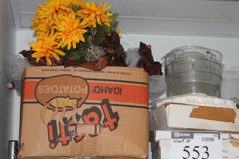 lot 553 image: Shelf Lot Including NSF Approved Plastic Containers Fake Flowers Milk Crate And More.