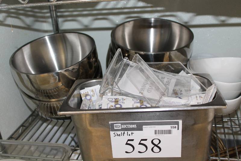 lot 558 image: Shelf Lot Including Salad Dressing Scoops Metal Mixing Bowls Stainless Steel Bin wPlastic Sign Holders And More.